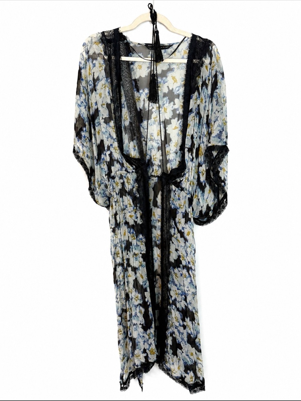 Zara Black Lace-Trim Floral Sheer Robe with Blue & White Pattern Medium